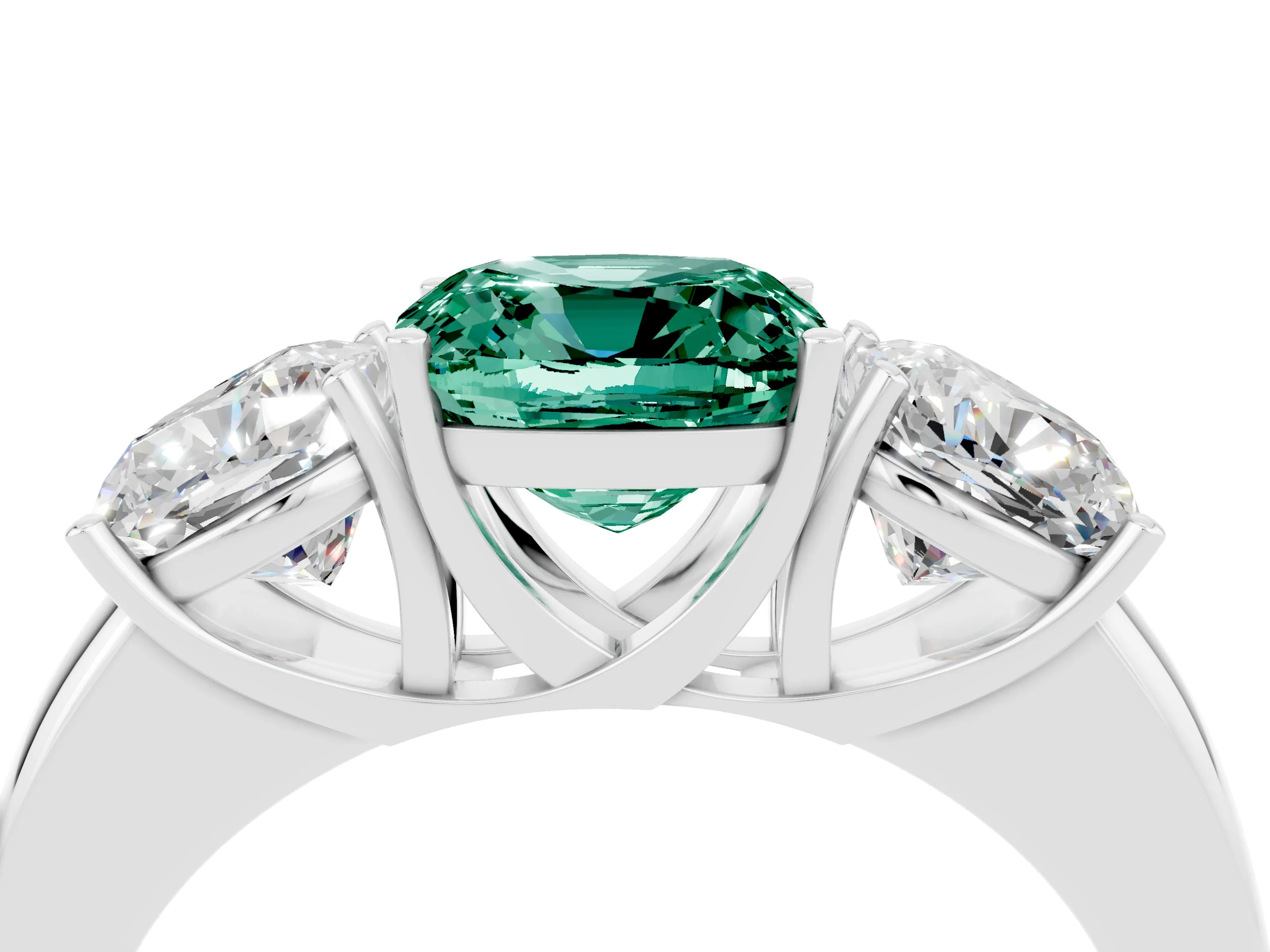 White gold Cushion Cut Green Sapphire Three-Stone Ring with Four-Prong Setting and Classic Band_4