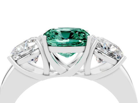 White gold Cushion Cut Green Sapphire Three-Stone Ring with Four-Prong Setting and Classic Band_4