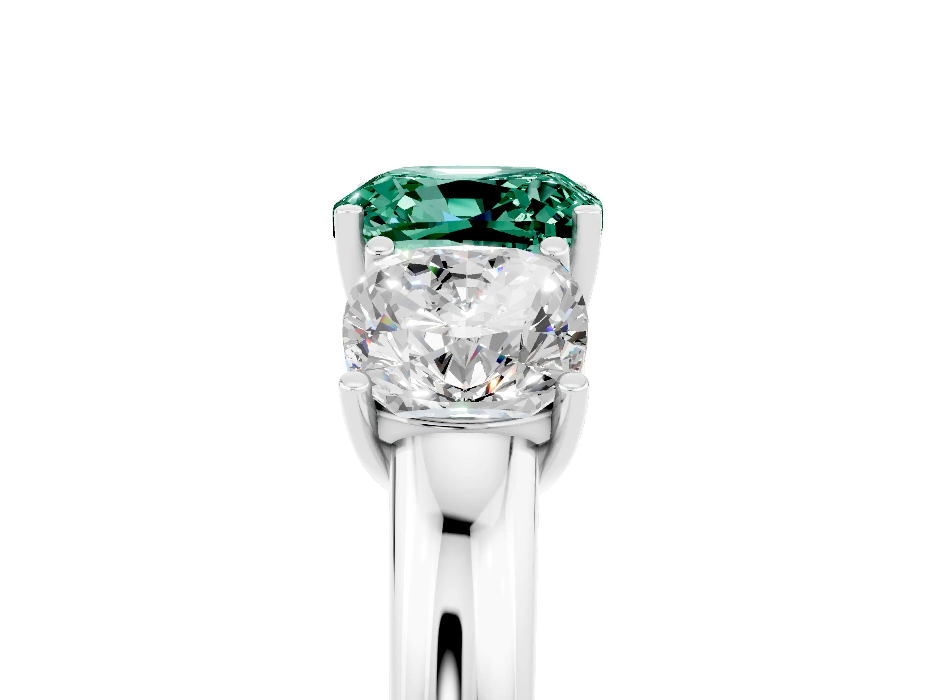 White gold Cushion Cut Green Sapphire Three-Stone Ring with Four-Prong Setting and Classic Band_5