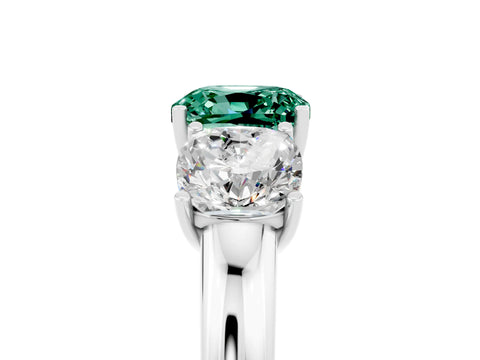 White gold Cushion Cut Green Sapphire Three-Stone Ring with Four-Prong Setting and Classic Band_5