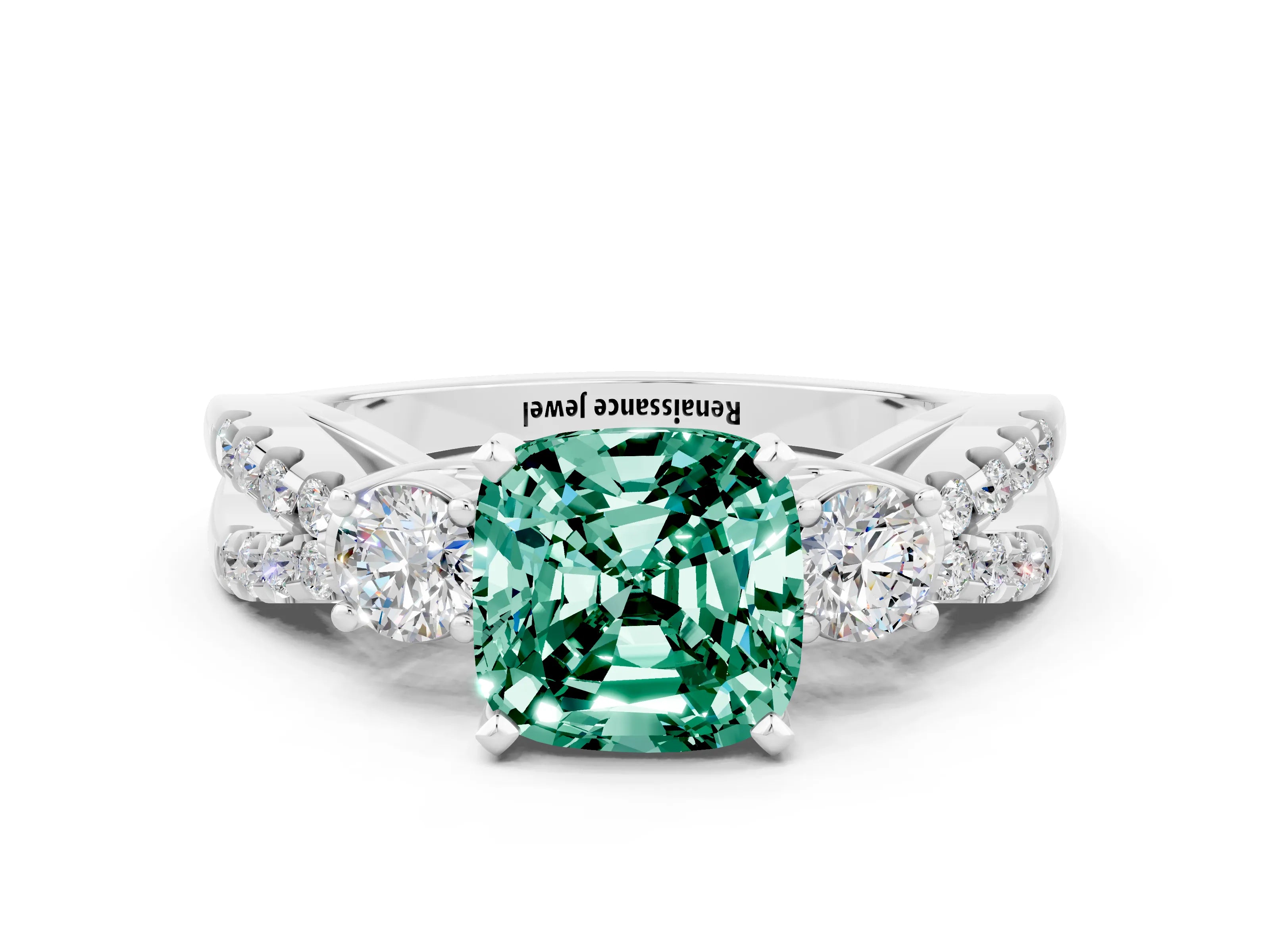 White gold Cushion Cut Green Sapphire Three-Stone Ring with Pavé Split Shank and Four-Prong Setting_12