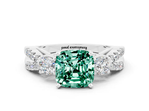 White gold Cushion Cut Green Sapphire Three-Stone Ring with Pavé Split Shank and Four-Prong Setting_12