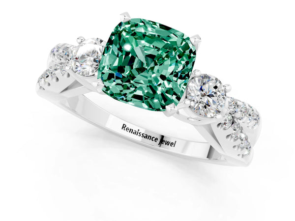 Platinum Cushion Cut Green Sapphire Three-Stone Ring with Pavé Split Shank and Four-Prong Setting