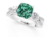 White gold Cushion Cut Green Sapphire Three-Stone Ring with Pavé Split Shank and Four-Prong Setting_13