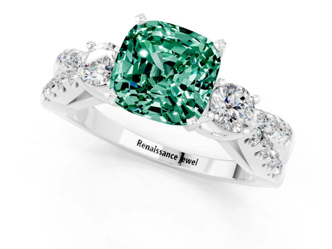 White gold Cushion Cut Green Sapphire Three-Stone Ring with Pavé Split Shank and Four-Prong Setting_13