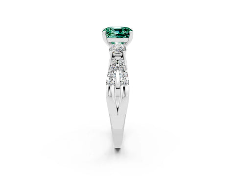 White gold Cushion Cut Green Sapphire Three-Stone Ring with Pavé Split Shank and Four-Prong Setting_14