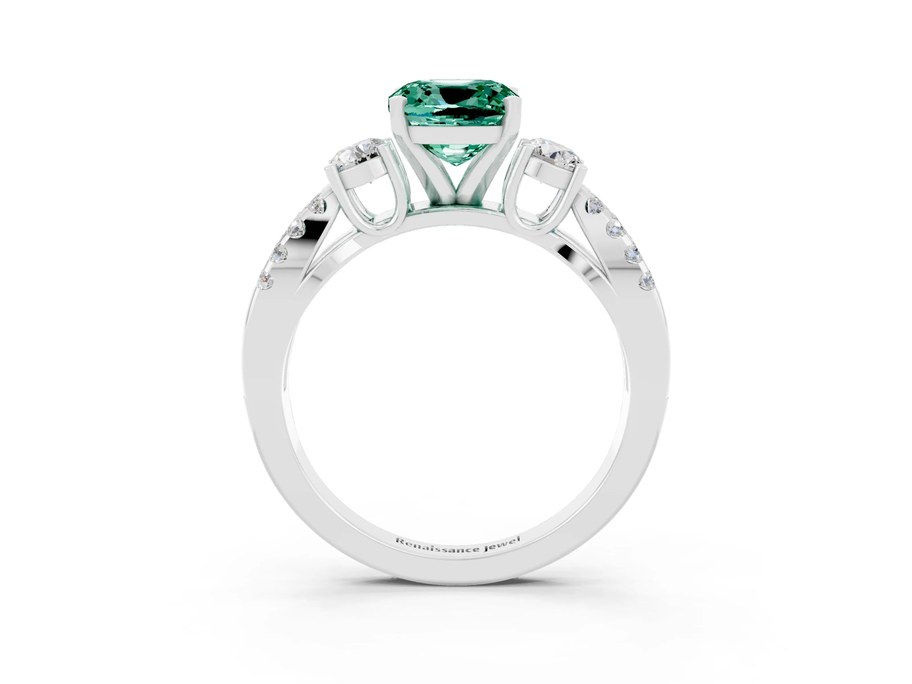 White gold Cushion Cut Green Sapphire Three-Stone Ring with Pavé Split Shank and Four-Prong Setting_15