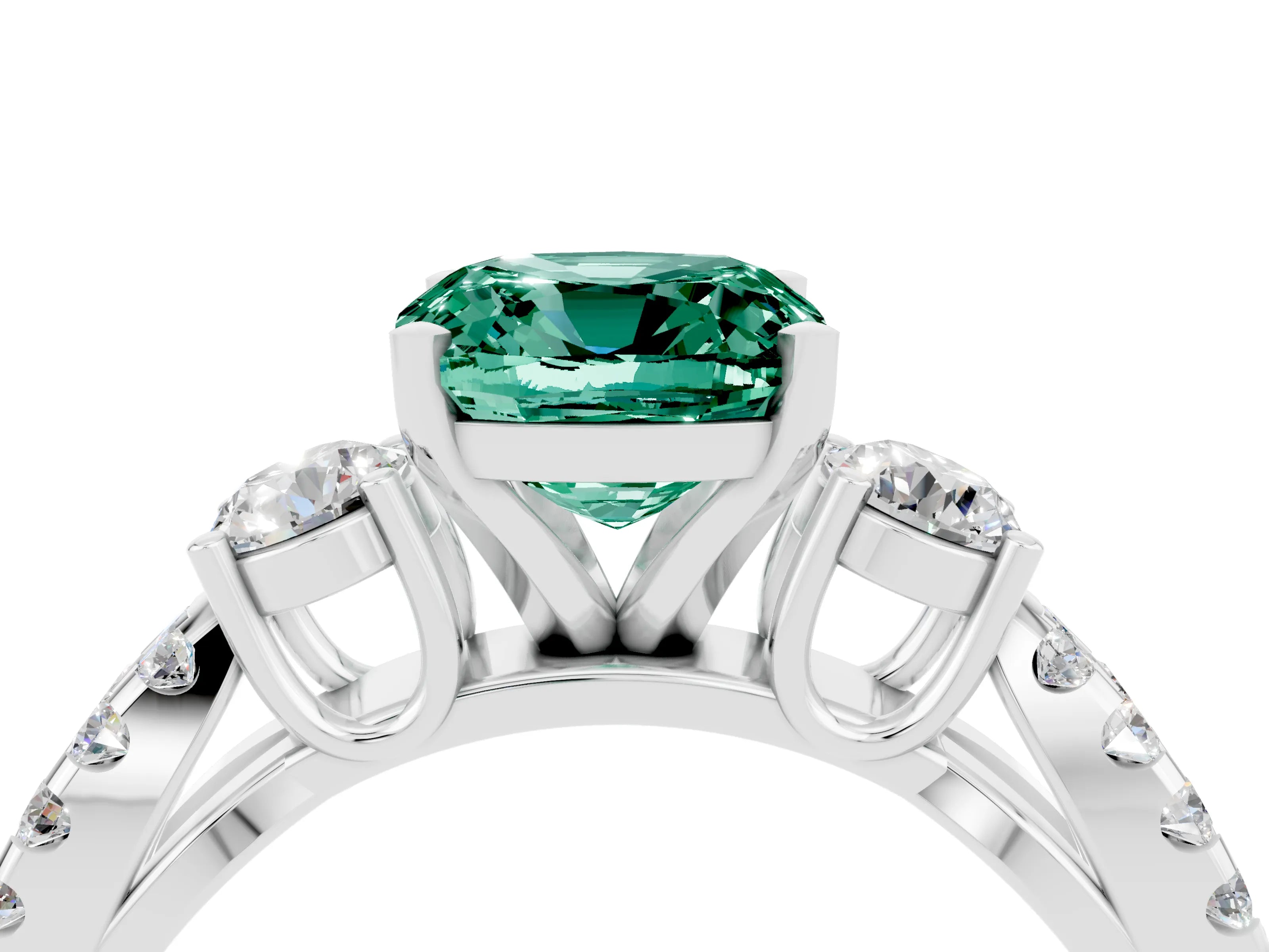 White gold Cushion Cut Green Sapphire Three-Stone Ring with Pavé Split Shank and Four-Prong Setting_16