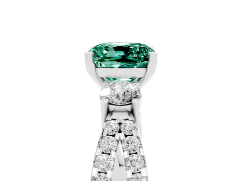 White gold Cushion Cut Green Sapphire Three-Stone Ring with Pavé Split Shank and Four-Prong Setting_17