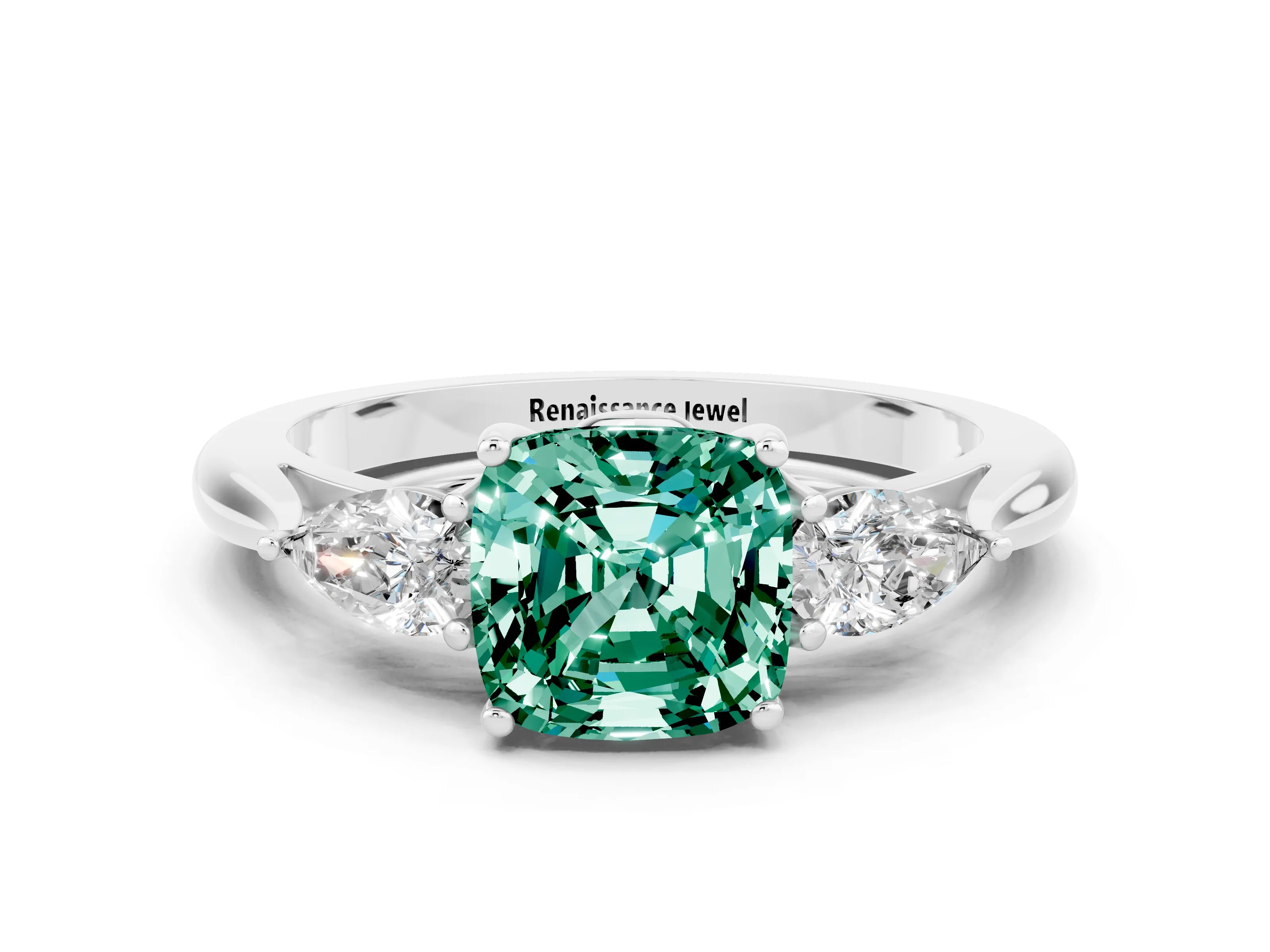 White gold Cushion Cut Green Sapphire Three-Stone Ring with Pear Side Stones and Four-Prong Setting_12