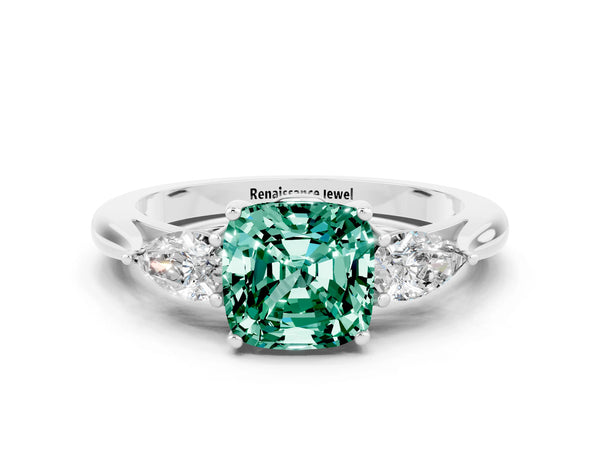 White gold Cushion Cut Green Sapphire Three-Stone Ring with Pear  Side Stones and Prong Setting