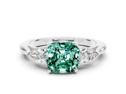 White gold Cushion Cut Green Sapphire Three-Stone Ring with Pear Side Stones and Four-Prong Setting_12