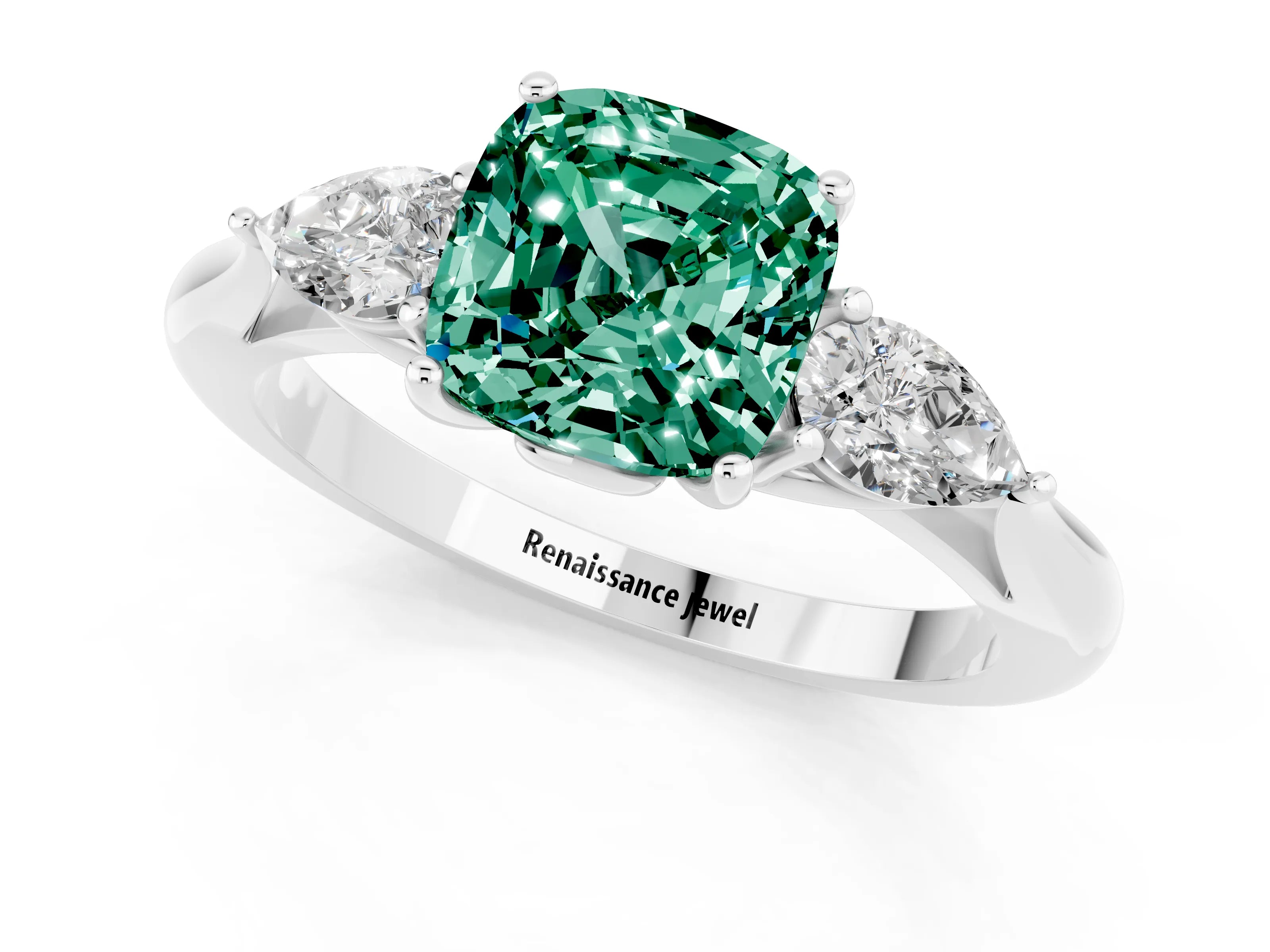 White gold Cushion Cut Green Sapphire Three-Stone Ring with Pear Side Stones and Four-Prong Setting_13
