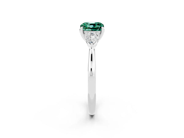 Platinum Cushion Cut Green Sapphire Three-Stone Ring with Pear  Side Stones and Prong Setting