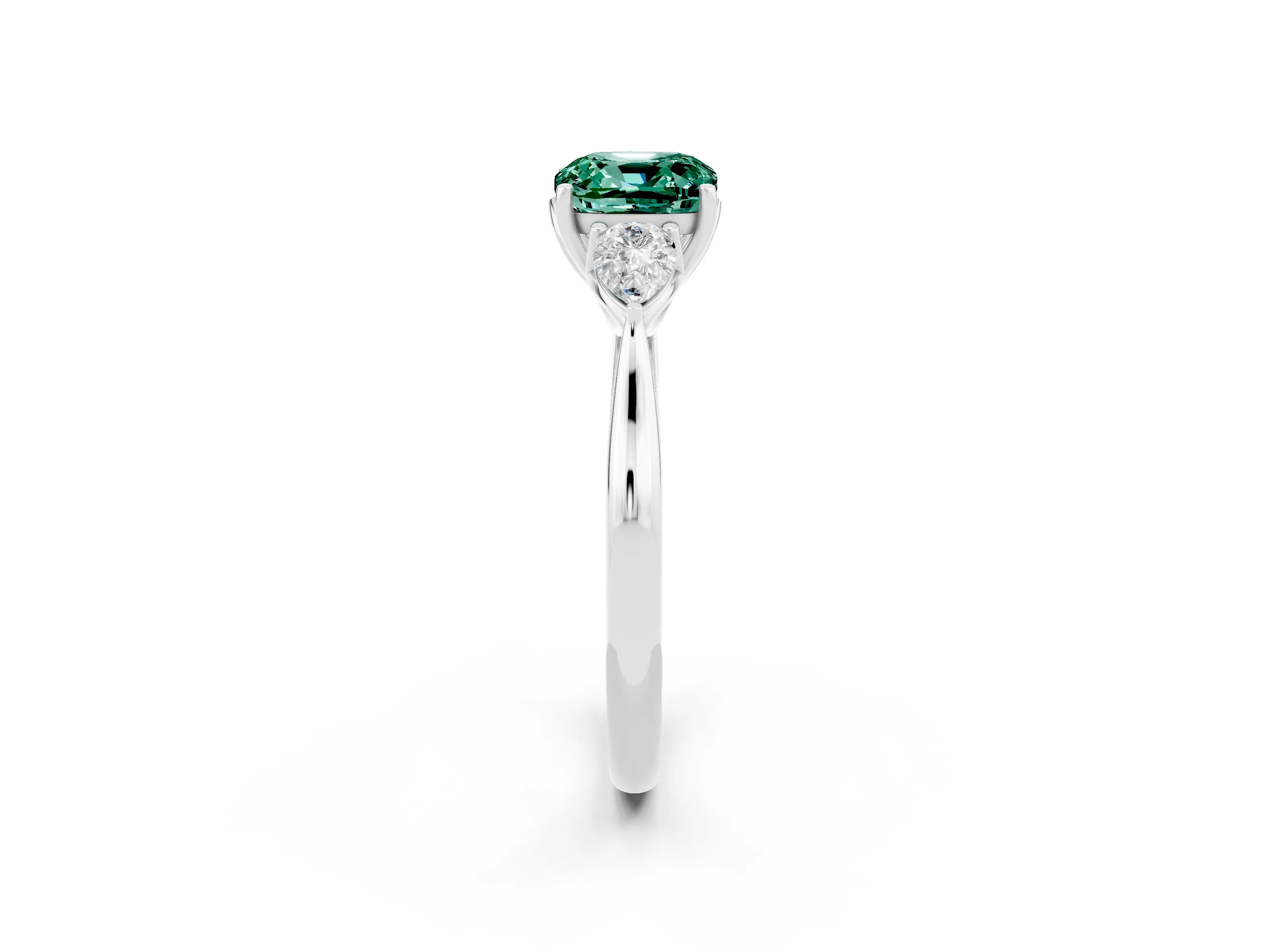 White gold Cushion Cut Green Sapphire Three-Stone Ring with Pear Side Stones and Four-Prong Setting_14