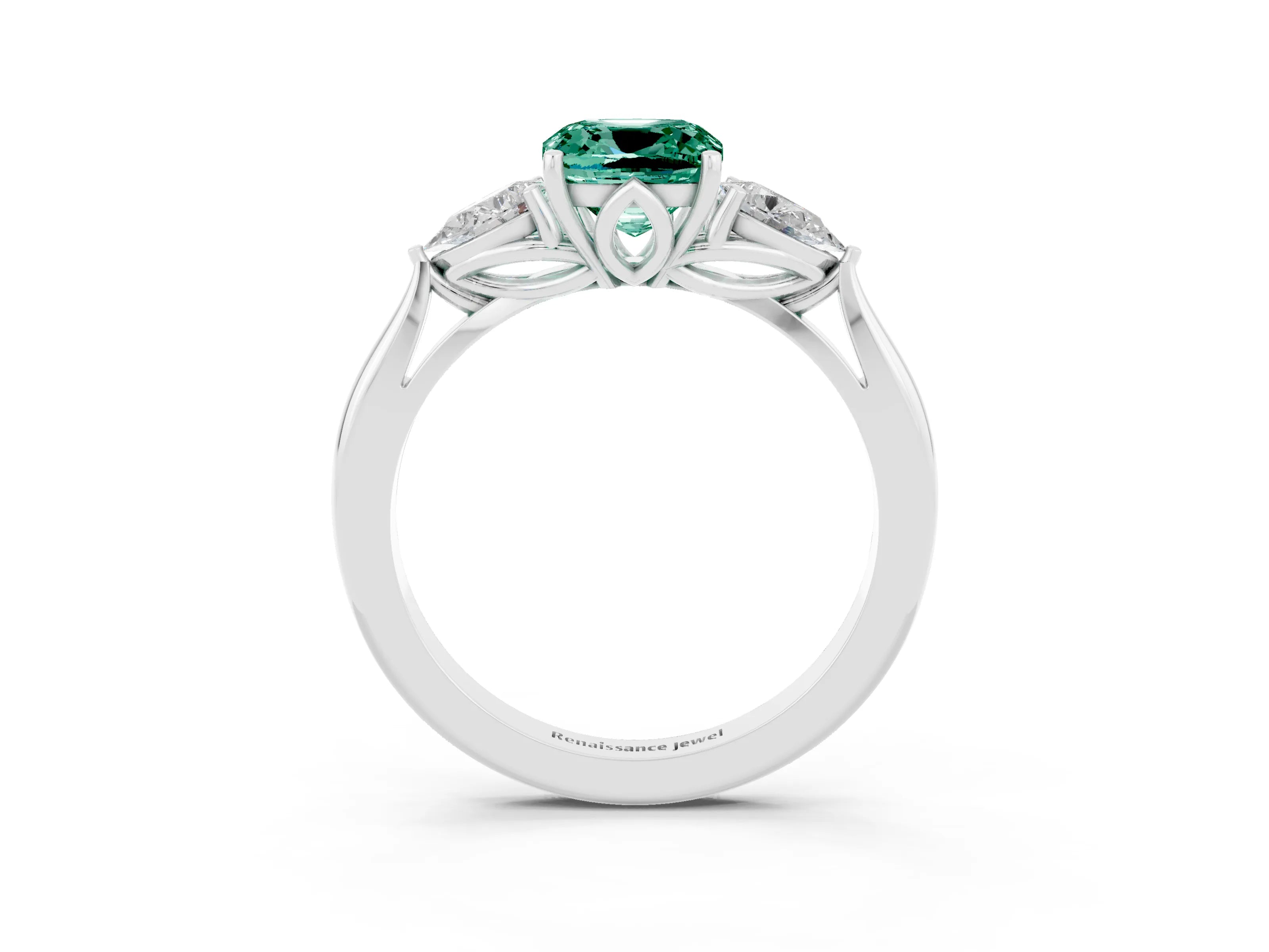 White gold Cushion Cut Green Sapphire Three-Stone Ring with Pear Side Stones and Four-Prong Setting_15