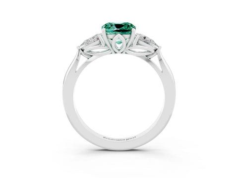 White gold Cushion Cut Green Sapphire Three-Stone Ring with Pear Side Stones and Four-Prong Setting_15