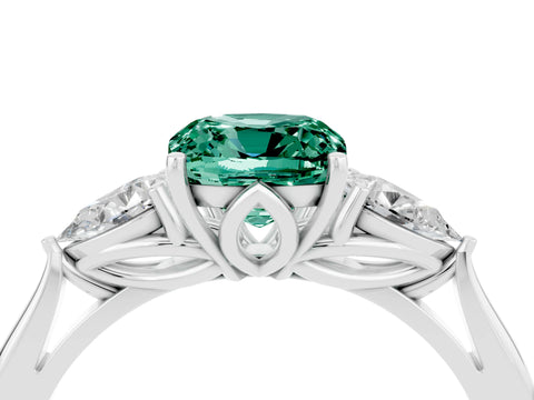 White gold Cushion Cut Green Sapphire Three-Stone Ring with Pear Side Stones and Four-Prong Setting_16
