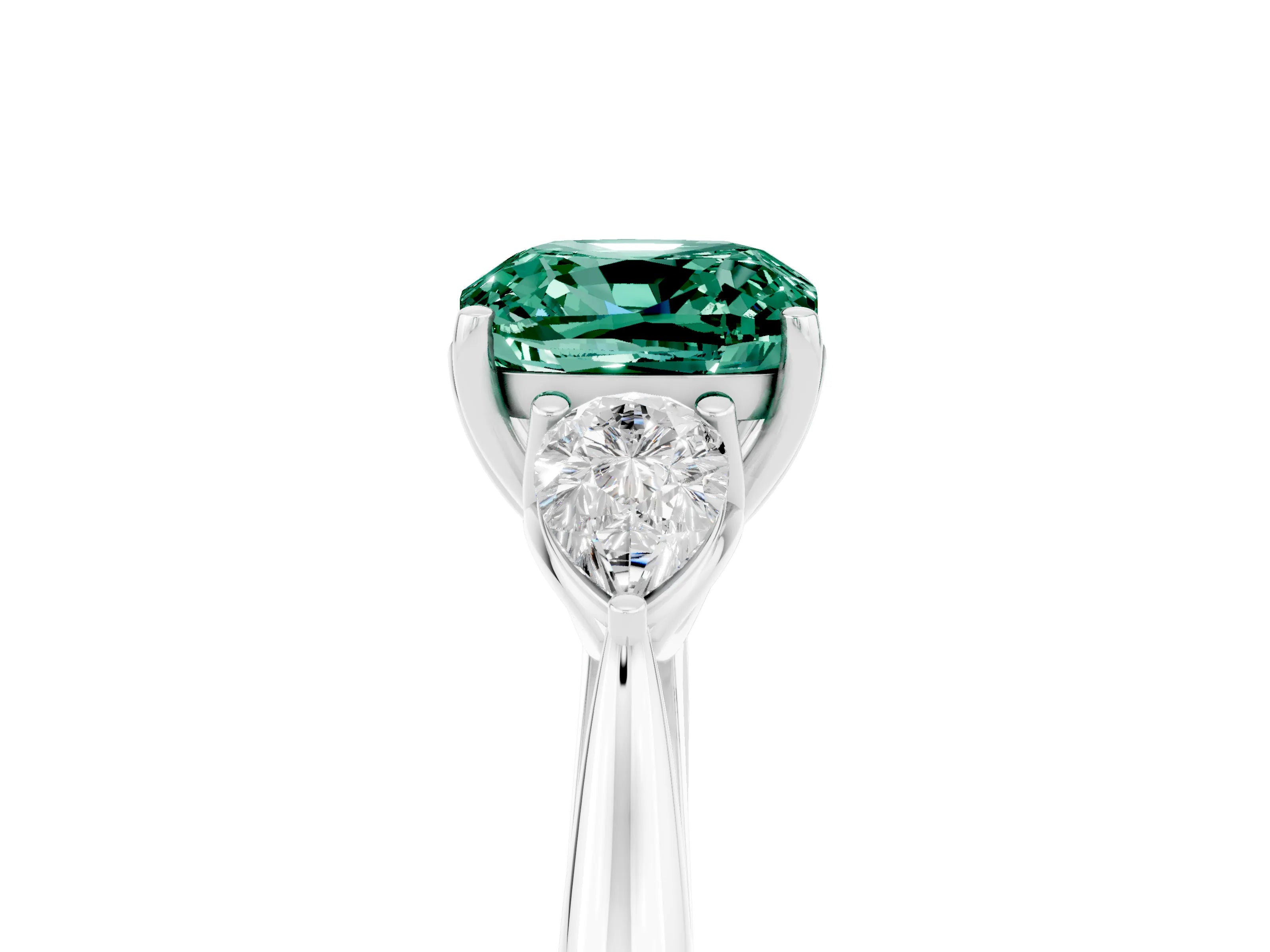 White gold Cushion Cut Green Sapphire Three-Stone Ring with Pear Side Stones and Four-Prong Setting_17