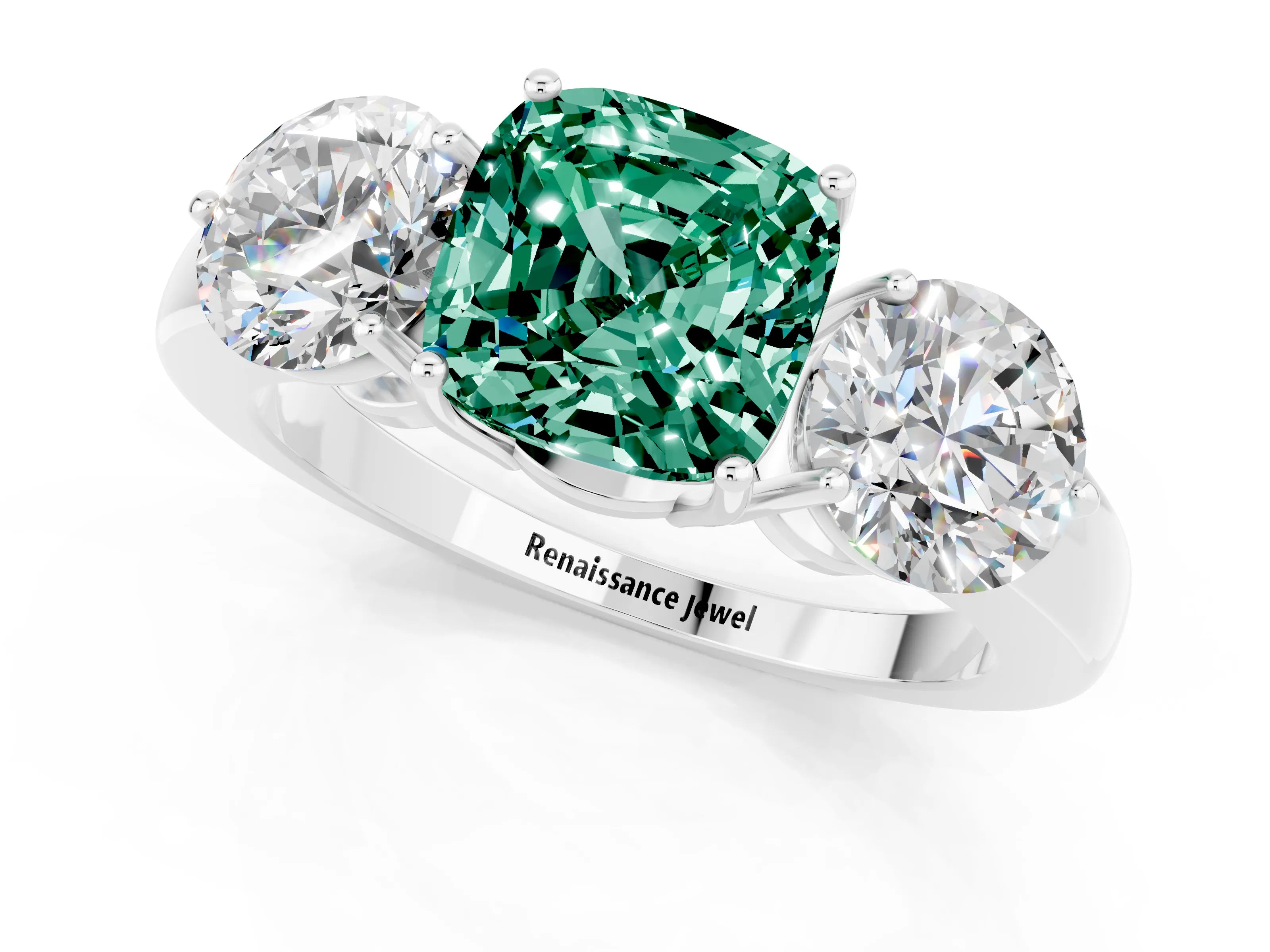White gold Cushion Cut Green Sapphire Three-Stone Ring with Prong Setting and Classic Band_1