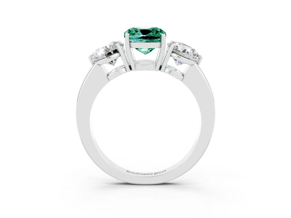 Platinum Cushion Cut Green Sapphire Three-Stone Ring with Prong Setting and Classic Band