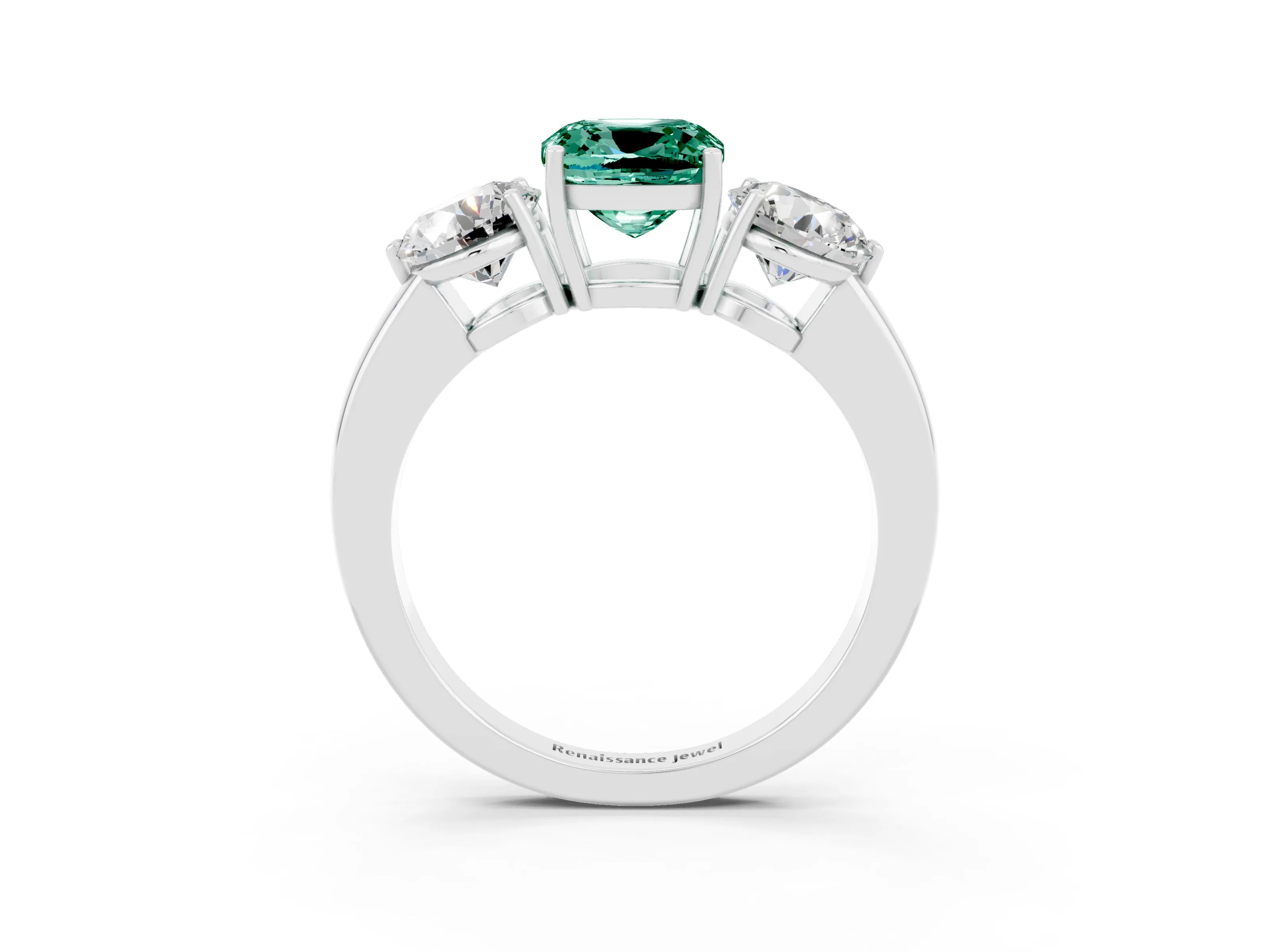 White gold Cushion Cut Green Sapphire Three-Stone Ring with Prong Setting and Classic Band_3