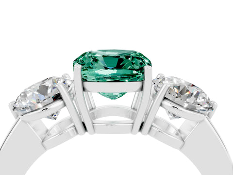 White gold Cushion Cut Green Sapphire Three-Stone Ring with Prong Setting and Classic Band_4