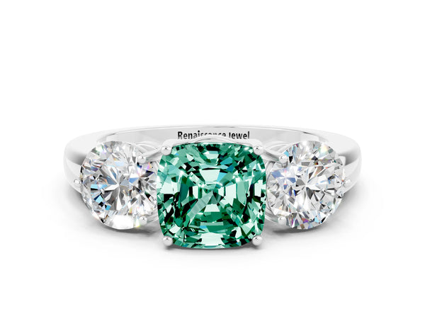 White gold Cushion Cut Green Sapphire Three-Stone Ring with Prong Setting and Classic Band