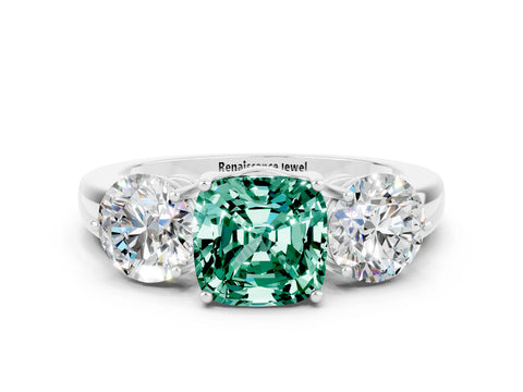 White gold Cushion Cut Green Sapphire Three-Stone Ring with Prong Setting and Classic Band