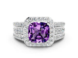 White gold Cushion Cut Halo Amethyst Ring with Split Shank and Four-Prong Setting