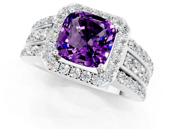 White gold Cushion Cut Halo Amethyst Ring with Round  Split Shank and Prong Setting