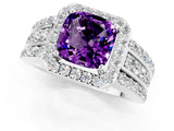 White gold Cushion Cut Halo Amethyst Ring with Split Shank and Four-Prong Setting_1