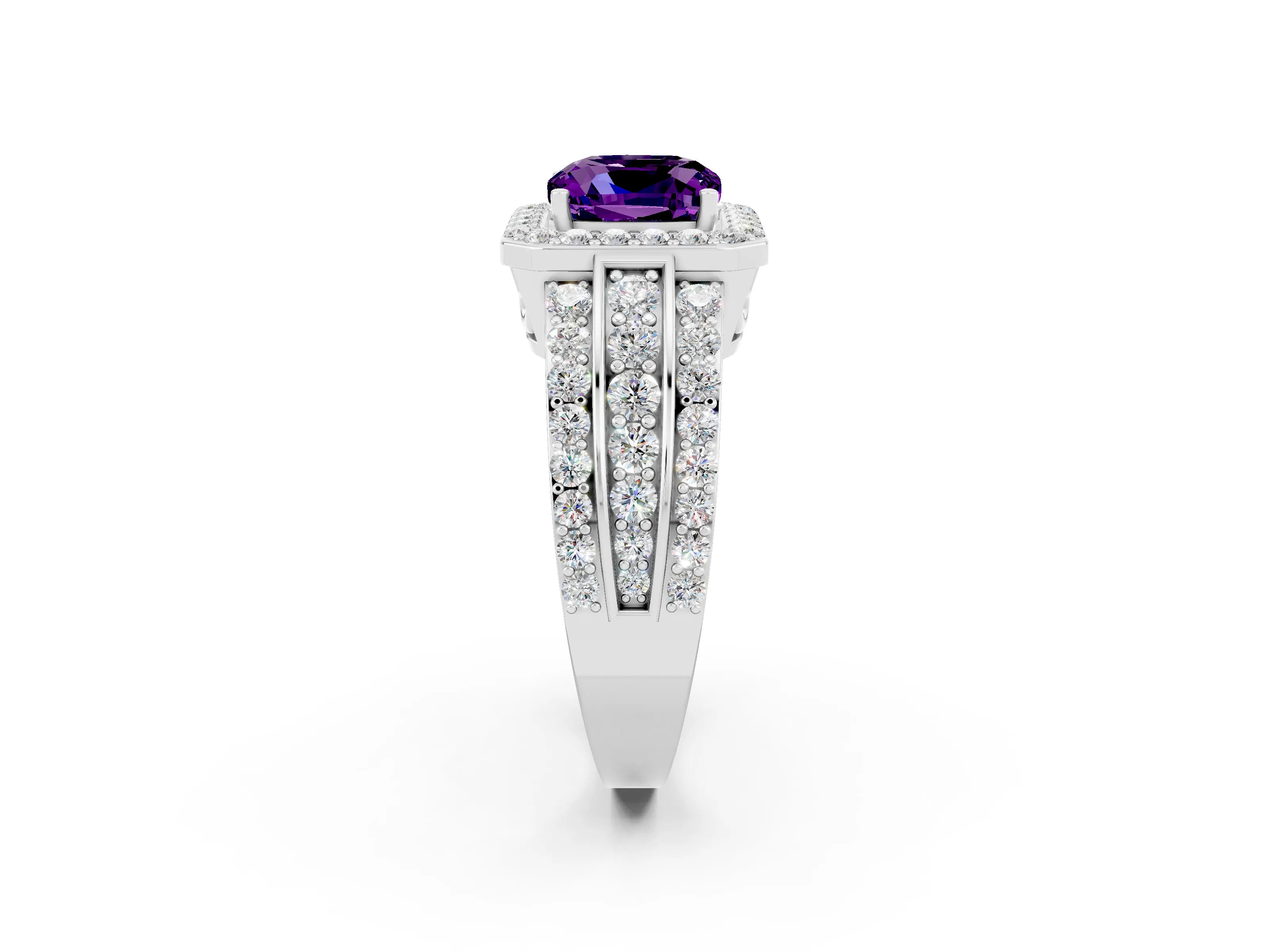 White gold Cushion Cut Halo Amethyst Ring with Split Shank and Four-Prong Setting_2