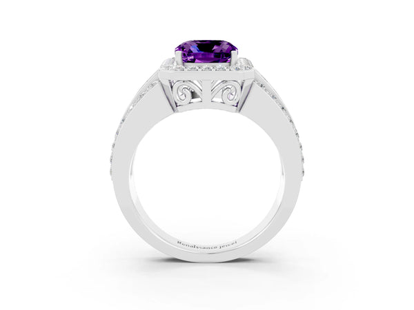Silver Cushion Cut Halo Amethyst Ring with Round  Split Shank and Prong Setting
