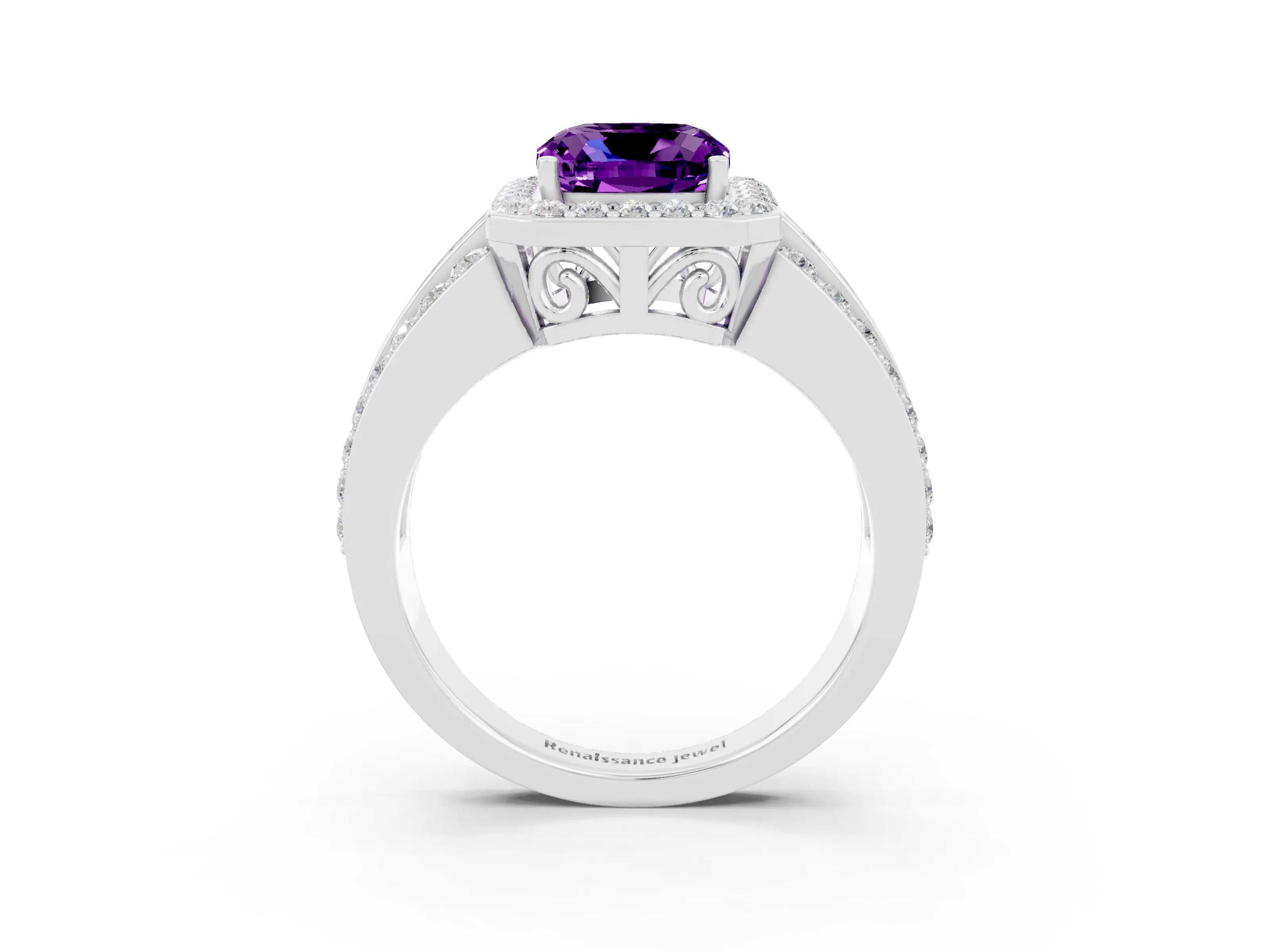 White gold Cushion Cut Halo Amethyst Ring with Split Shank and Four-Prong Setting_3
