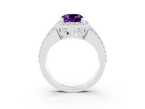 White gold Cushion Cut Halo Amethyst Ring with Split Shank and Four-Prong Setting_3