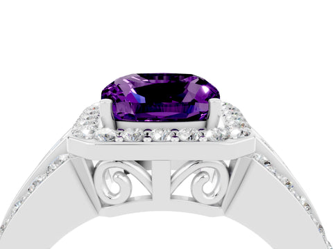 White gold Cushion Cut Halo Amethyst Ring with Split Shank and Four-Prong Setting_4