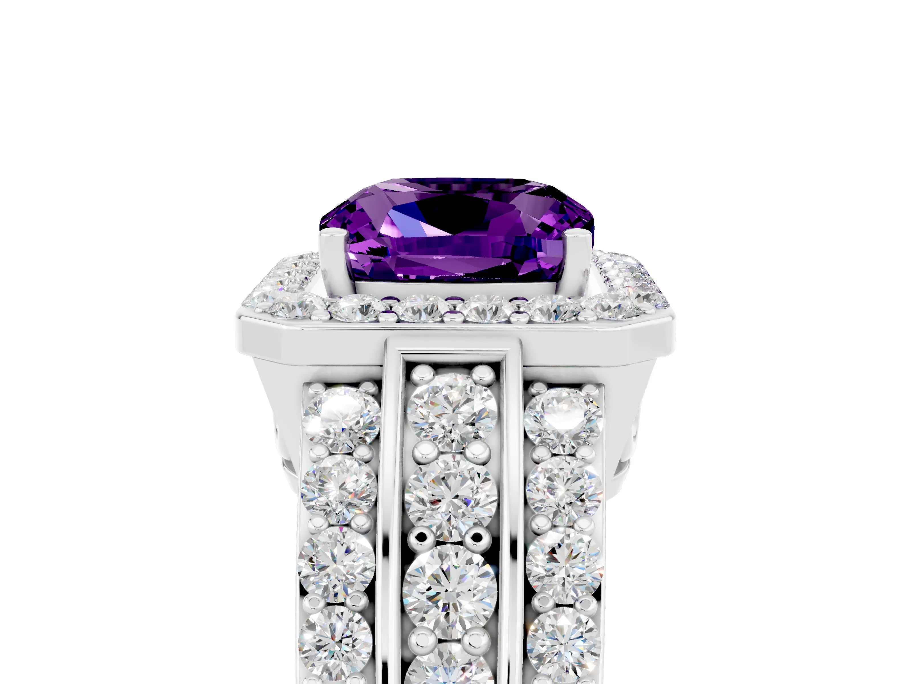 White gold Cushion Cut Halo Amethyst Ring with Split Shank and Four-Prong Setting_5