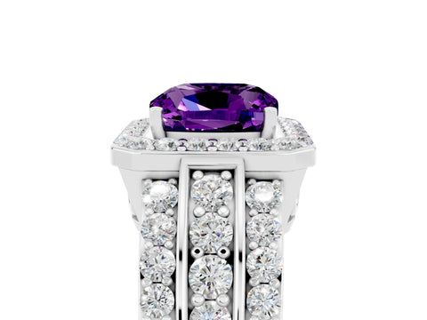 White gold Cushion Cut Halo Amethyst Ring with Split Shank and Four-Prong Setting_5