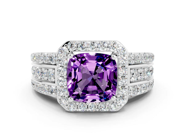 White gold Cushion Cut Halo Amethyst Ring with Round  Split Shank and Prong Setting