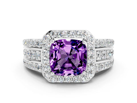 White gold Cushion Cut Halo Amethyst Ring with Split Shank and Four-Prong Setting