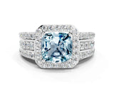 White gold Cushion Cut Halo Aquamarine Ring with Split Shank and Four-Prong Setting
