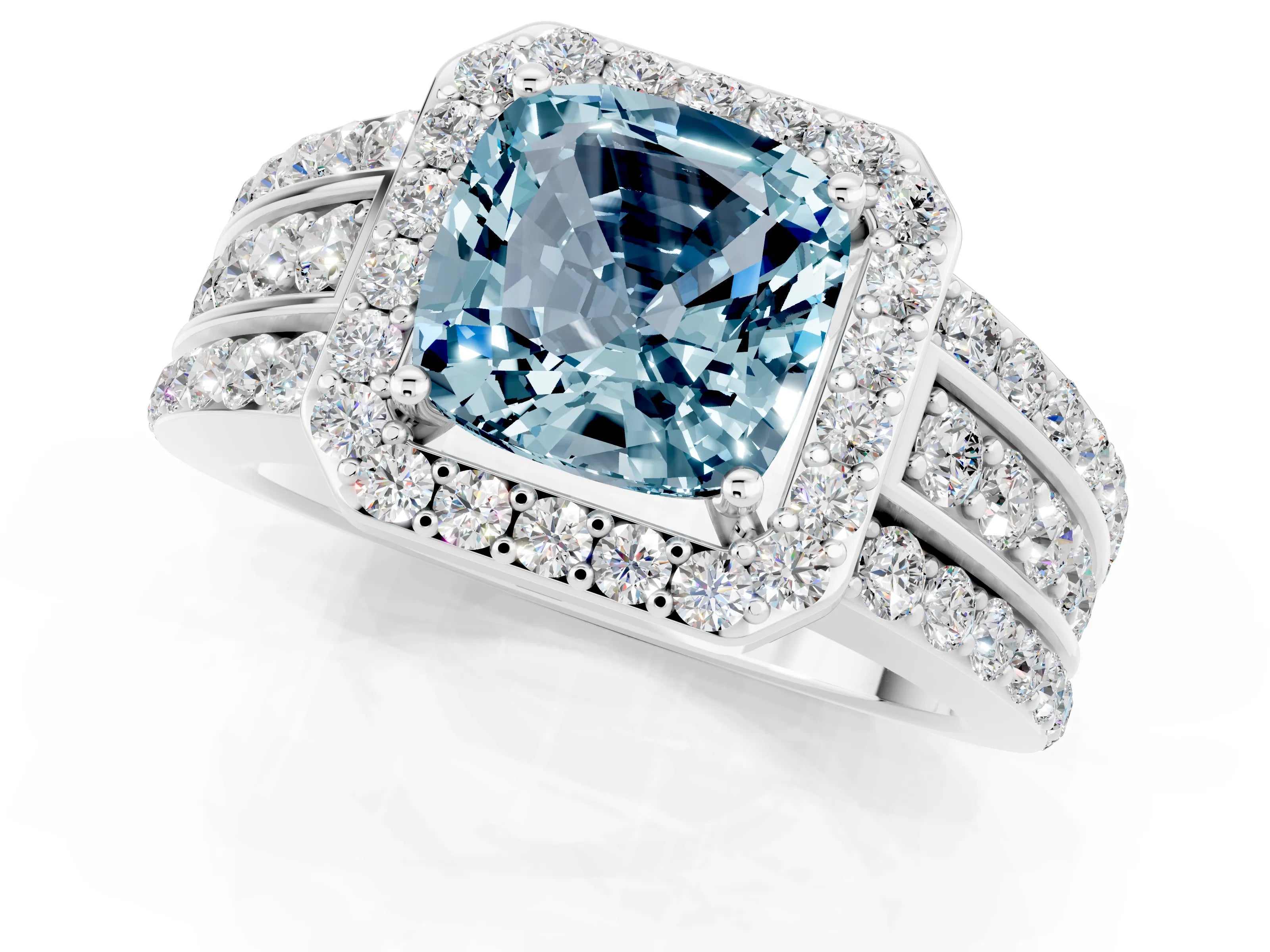 White gold Cushion Cut Halo Aquamarine Ring with Split Shank and Four-Prong Setting_1