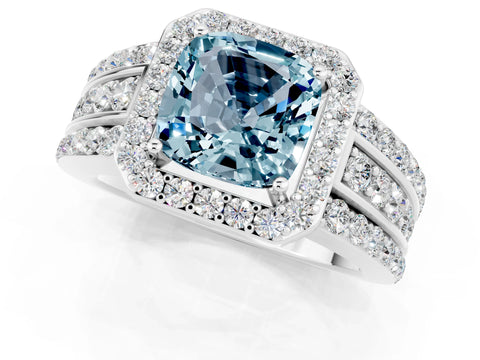 White gold Cushion Cut Halo Aquamarine Ring with Split Shank and Four-Prong Setting_1