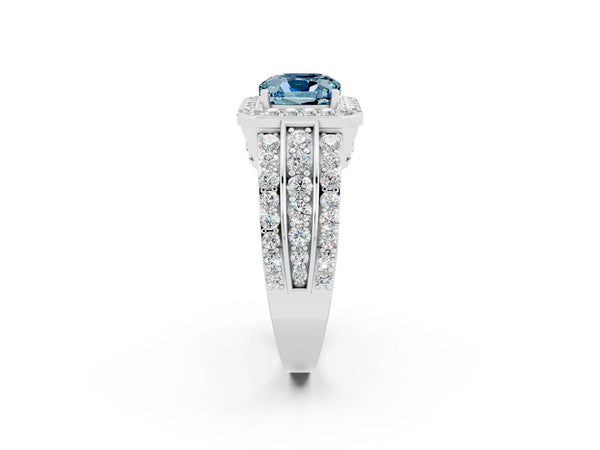 Silver Cushion Cut Halo Aquamarine Ring with Round  Split Shank and Prong Setting
