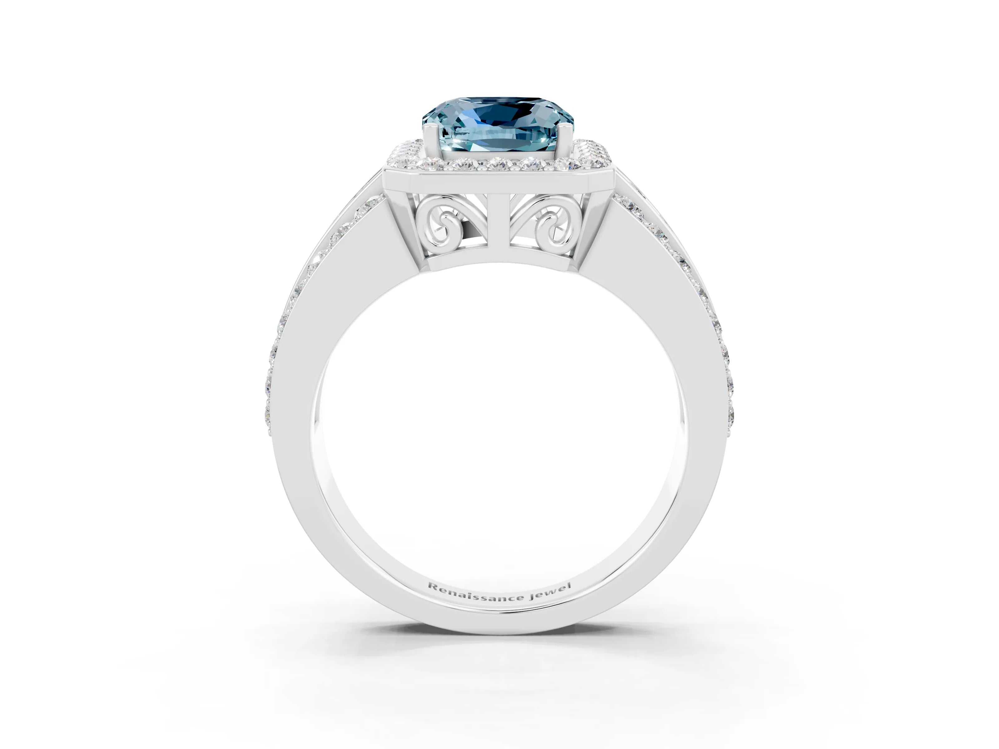 White gold Cushion Cut Halo Aquamarine Ring with Split Shank and Four-Prong Setting_3