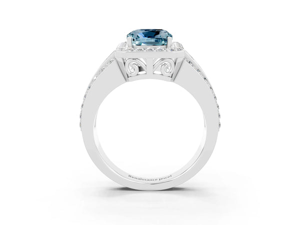 White gold Cushion Cut Halo Aquamarine Ring with Round  Split Shank and Prong Setting