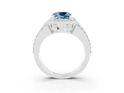 White gold Cushion Cut Halo Aquamarine Ring with Split Shank and Four-Prong Setting_3