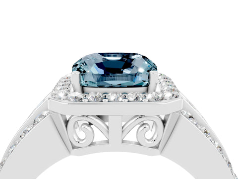 White gold Cushion Cut Halo Aquamarine Ring with Split Shank and Four-Prong Setting_4