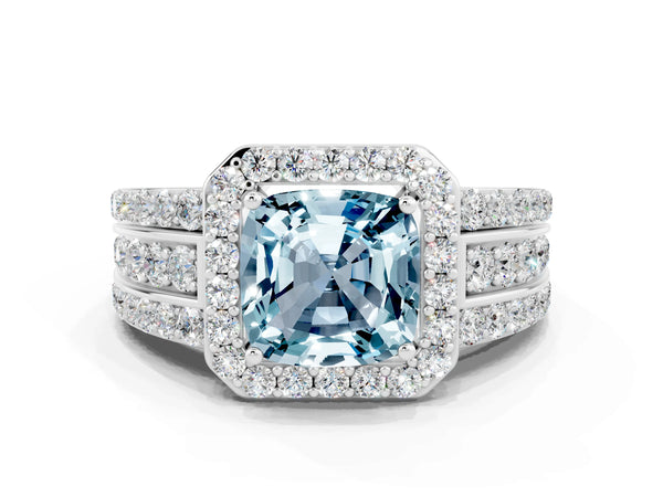 White gold Cushion Cut Halo Aquamarine Ring with Round  Split Shank and Prong Setting